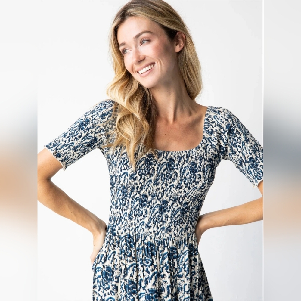 Natural Life Daisy Tiered Midi Dress Ivory Blue Vines Size Medium - Picture 2 of 9